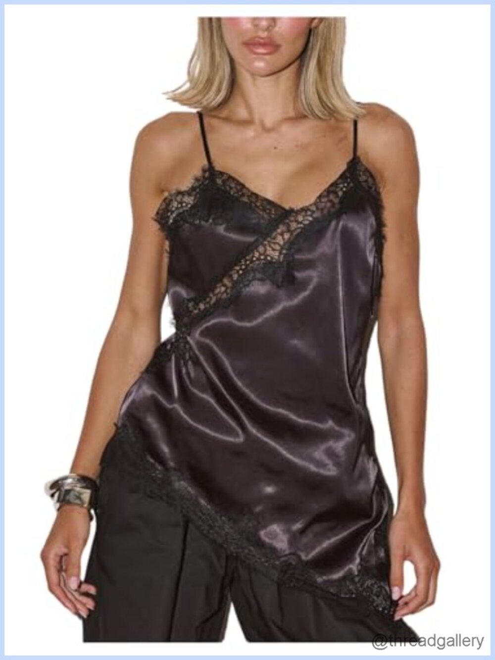 Lace Satin High Low Cami Top Sleeveless V-Neck Backless Going Out